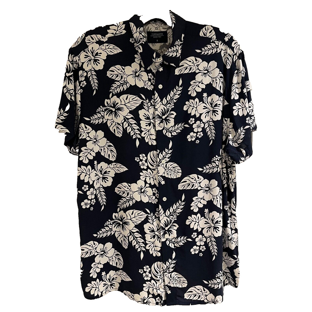 TERRANOVA Men's 100% Viscose S/S Button Shirt S Black with White Flowers A+